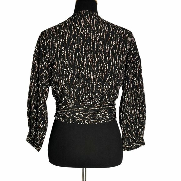 Anama Women's Black V Neck Balloon‎ Sleeve Floral Ditsy Print Wrap Top SZ M - Picture 4 of 12